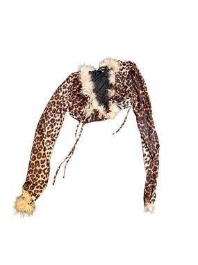 Leopard Print Faux Fur Trim Bolero Jacket - Brown